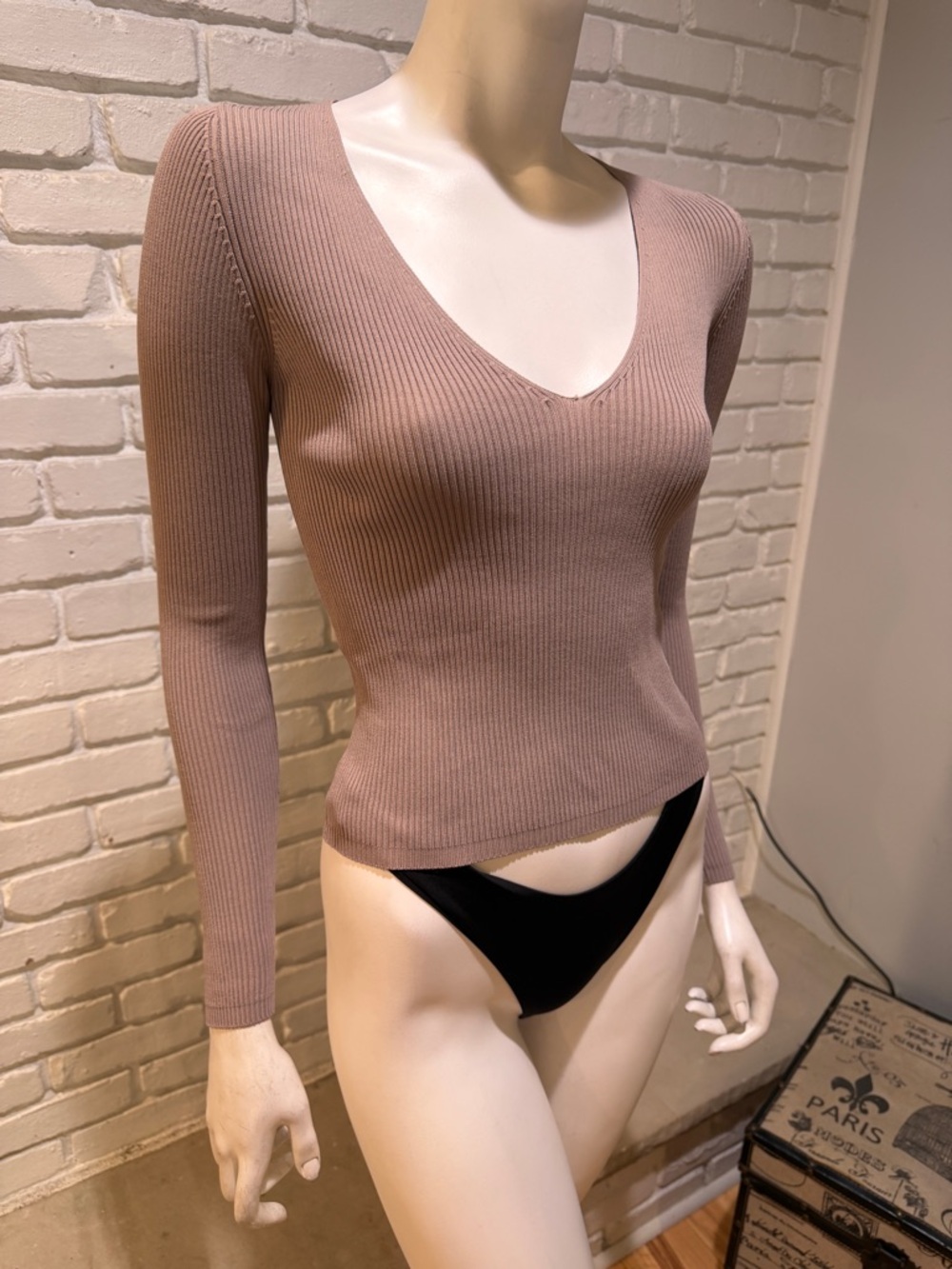 ZARA Mushroom Taupe Ribbed V-Neck Sweater Deep V Fitted Stretchy Small NWT - Picture 3 of 11